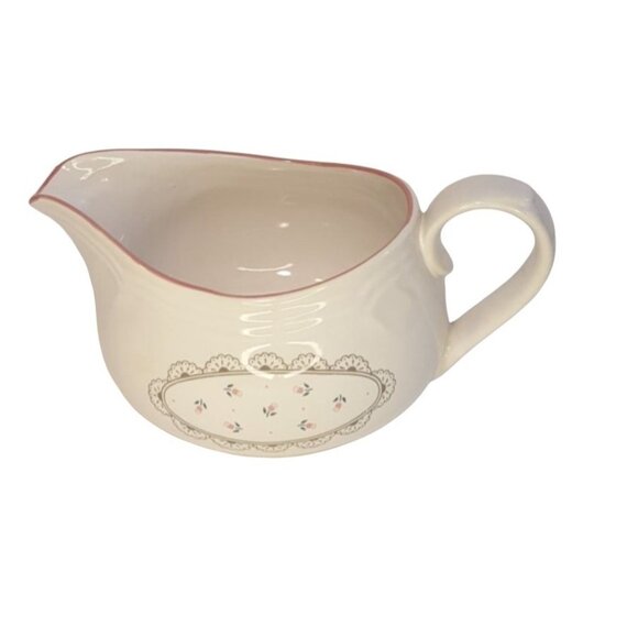 Vintage 1988 Victoriana Gravy Boat Stoneware Pink Flower Pink Rim - Picture 1 of 7